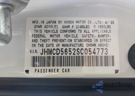 1995 Honda Accord Ex z USA, uszkodzony, nr VIN JHMCD5652SC054773